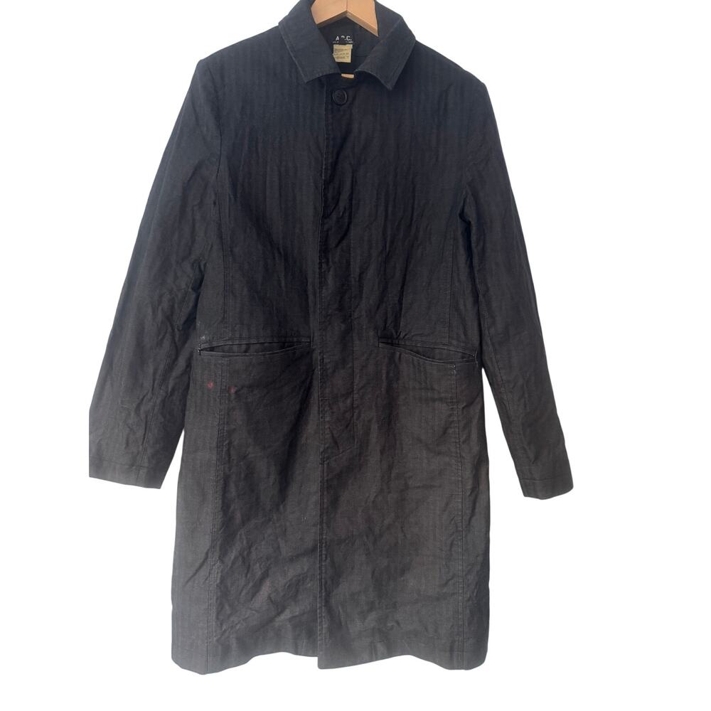 Vintage APC Made in France Herringbone Cotton Trench Overcoat Black Size 1 Flaw